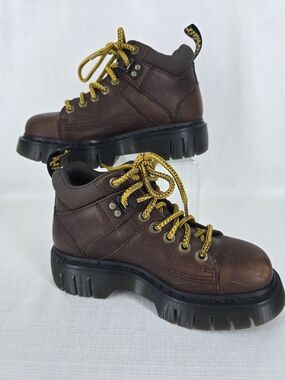 Dr. Martens Brown Leather Hiking-Style Boots with Yellow Laces